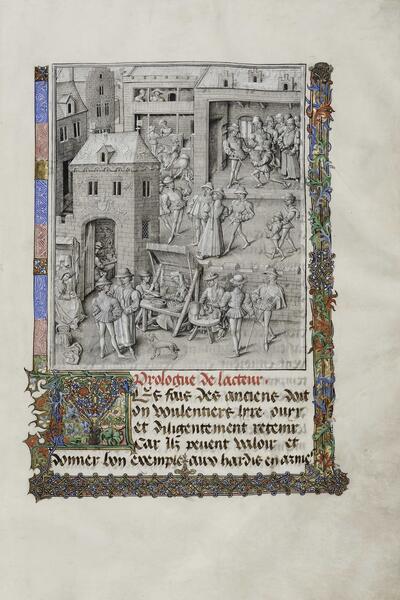 David Aubert, Conquestes et croniques de Charlemaine (vol. 1) Zuidelijke Nederlanden, midden vijftiende eeuw Toegeschreven aan Jan Tavernier KBR - ms. 9066, fol. 11r: Jean Miélot stelt zijn werk voor aan Filips de Goede