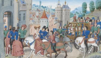 David Aubert, Histoire de Charles Martel (vol. 2) Zuidelijke Nederlanden, 1463-1472 KBR - ms. 7, fol. 78r: Plechtige intrede van Aelis in Metz naar aanleiding van haar huwelijk