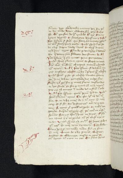 Een ‘manucle’, een tekening van een hand in de marge die een belangrijke passage aanduidt. KBR - ms. 9261, fol. 294v