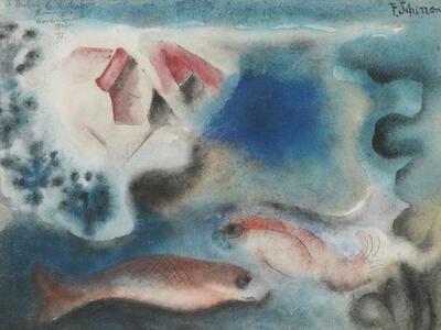 Ferdinand Schirren, Les poissons rouges (De goudvissen), z.d., aquarel en Oost-Indische inkt op papier, 25,5 x 34 cm COLLECTIE MUSEUM VAN ELSENE