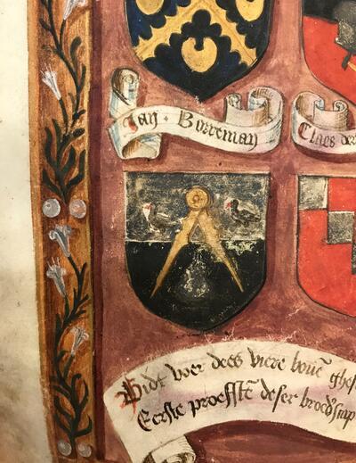 Wapenschilden van de proosten van de Brusselse rederijkerskamer De Lelie, waaronder dat van Jan Borman, in Liber Authenticus sarcratissimae utriusque sexus Christi fidelium Confraternitatis Septem Dolorum Beatae Mariae Virginis Nuncupatae, 1499, fol. 159v. STADSARCHIEF BRUSSEL, REGISTER 3413