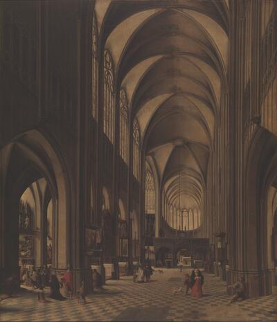 Hendrick II van Steenwijck en Frans II Francken, Interieur van de Sint-Pieterskerk te Leuven, circa 1600-1640, olieverf op doek, 169 x 146 cm KONINKLIJKE MUSEA VOOR SCHONE KUNSTEN VAN BELGIË, BRUSSEL