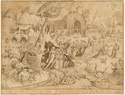 Pieter Bruegel I, Hengelaar aan een beek onder een grote boom, ca. 1554, tekening in pen en bruine inkt KBR - PRENTENKABINET, S.II 113 145