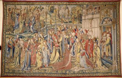 Peter van Aelst naar Jan van Roome, Wandtapijt met David en Bathseba (vierde deel: Bathseba bij de fontein en ontvangst in het paleis), Brussel, circa 1520-1525, wol en zijde, 458 x 724 cm MUSÉE NATIONAL DE LA RENAISSANCE, ECOUEN © RMN-GRAND PALAIS (MUSÉE DE LA RENAISSANCE, CHÂTEAU D›ECOUEN)