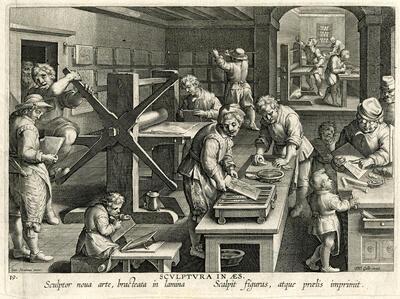 Philips Galle naar Johannes Stradanus, De graveerkunst, burijngravure Uit de reeks: Nova reperta Uitgegeven door Philips Galle, 1591 KBR - PRENTENKABINET, S.II 1532