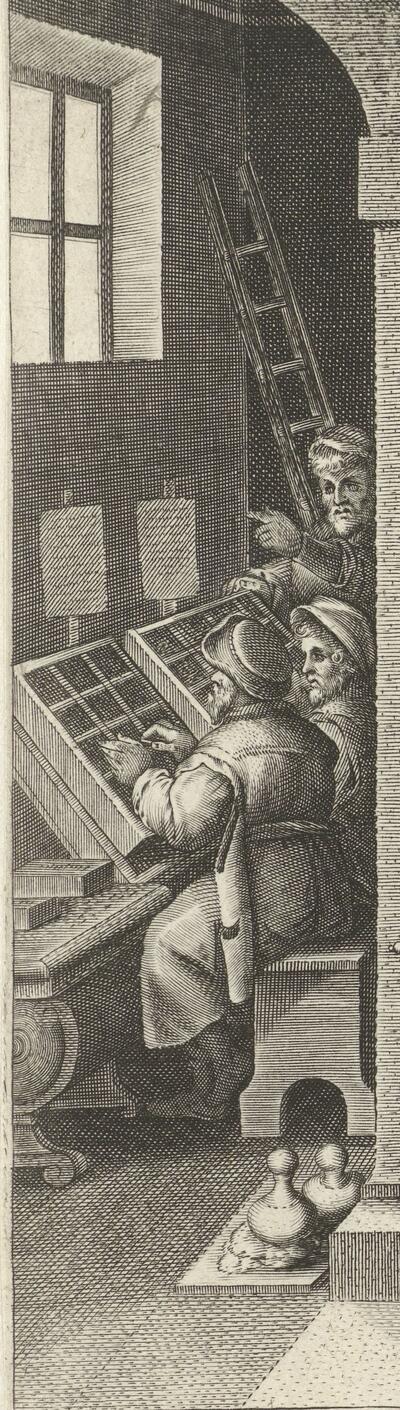 Philips Galle naar Johannes Stradanus, De boekdrukkunst, burijngravure Uit de reeks: Nova reperta Uitgegeven door Philips Galle, 1591 KBR - PRENTENKABINET, S.I 1445