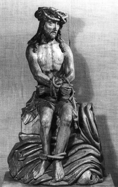 Jan I Borman, Christus op de koude steen, circa 1460-1470, eikenhout, 97 cm hoog BEWAARPLAATS ONBEKEND (VROEGER EGLISE SAINTS PIERRE ET MARCELIN, BIERGES