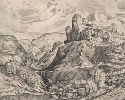 Joannes en Lucas van Doetecum naar Pieter Bruegel I, in leder gebonden album (ca. 1700) met landschapsprenten dat onder meer afdrukken van Bruegels ‘Grote landschappen’ bevat KBR - PRENTENKABINET, VH 29702 C