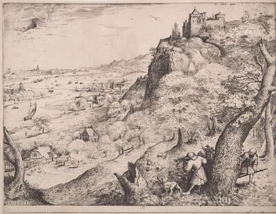 Hieronymus Cock naar Pieter Bruegel I, De hazenjacht, ets en burijngravure Uitgegeven door Hieronymus Cock, 1560 KBR - PRENTENKABINET, S.II 48464
