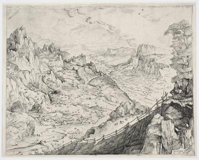 Joannes en Lucas van Doetecum naar Pieter Bruegel I, Groot Alpenlandschap, ets en burijngravure Uitgegeven door Hieronymus Cock, ca. 1555-1556 KBR – PRENTENKABINET, S.I 9394