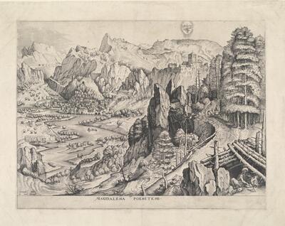 Joannes en Lucas van Doetecum naar Pieter Bruegel I, De boetvaardige Magdalena (Magdalena Poenitens) (De grote landschappen), ets en burijngravure Uitgegeven door Hieronymus Cock, ca. 1555-56 KBR - PRENTENKABINET, S.I 9409