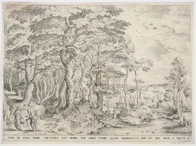 Hieronymus Cock naar Pieter Bruegel I, Landschap met de verzoeking van Christus, ets Uitgegeven door Hieronymus Cock, ca. 1554 KBR - PRENTENKABINET, S.II 84231