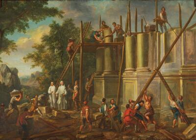 Elisabeth Seldron, H. Bruno van Keulen laat het klooster Grande Chartreuse bouwen, ca. 1735-1741, olieverf op doek, 125 x 255 cm SINT-MARTENS-LIERDE, SINT-MARTINUSKERK (VOORMALIGE KARTUIZERKERK)