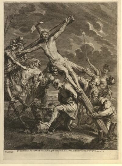 Schelte à Bolswert naar Anoon van Dyck, De kruisoprichting, ca. 1630-1635, gravure op papier, 468 x 342 mm, gesigneerd: Antonius van Dijck pinxit. S. à Bolswert sculpsit LONDON, THE BRITISH MUSEUM, PRINTS & DRAWINGS, INV.NR. R,2.25
