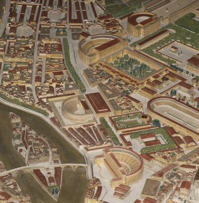 Detail met de theaters van het oude Rome op de maquette van Paul Bigot