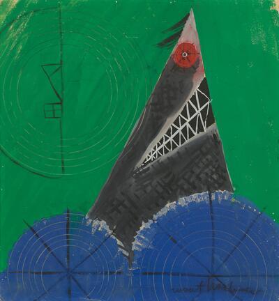 Wout Hoeboer, Eén ontknoping (Machine hurlante), 1935, gouache op papier op paneel, 40,5 x 37,8 cm - PRIVÉCOLLECTIE