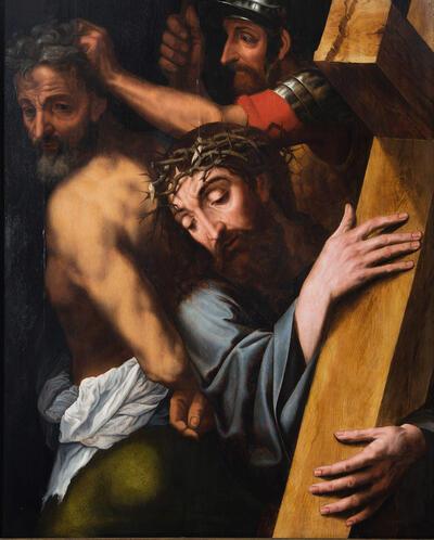Michiel Coxcie, De kruisdraging, 1575-1600, olieverf op paneel, 133 x 109 cm PARCUM, LEUVEN, COLLECTIE PATERS REDEMPTORISTEN VAN JETTE