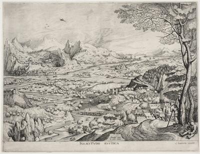 Joannes en Lucas van Doetecum naar Pieter Bruegel I, Landelijke beslommeringen (Solicitudo Rustica) (De grote landschappen), ets en burijngravure Uitgegeven door Hieronymus Cock, ca. 1555-56 KBR - PRENTENKABINET, S.I 9404