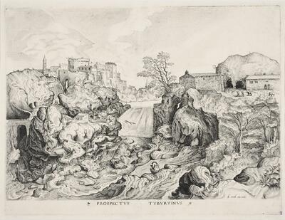 Joannes en Lucas van Doetecum naar Pieter Bruegel I, Gezicht op Tibur, thans Tivoli (Prospectus Tyburtinus) (De grote Landschappen), ets en burijngravure Uitgegeven door Hieronymus Cock, ca. 1555-56 KBR - PRENTENKABINET, S.I 9412