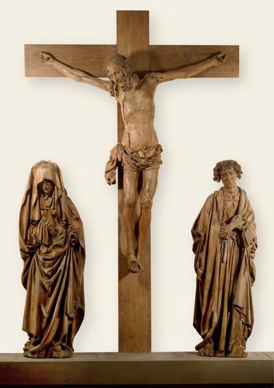 Afbeelding blz. 28: Pasquier Borman, Calvarie van Nijvel, circa 1500, eikenhout, Christus 190 x 176 x 38 cm, Madonna 163 x 57 x 38 cm, Johannes 163 x 57 x 43 cm MUSÉE DU LOUVRE, PARIJS © RMN-GRAND PALAIS (MUSÉE DU LOUVRE),