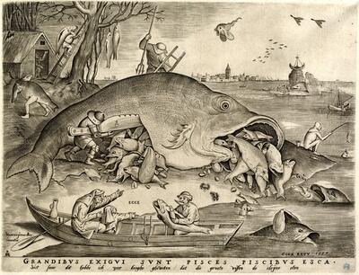 Pieter van der Heyden naar Pieter Bruegel I, De grote vissen eten de kleine, burijngravuUitgegeven door Hieronymus Cock, 1557 KBR - PRENTENKABINET, S.II 19175