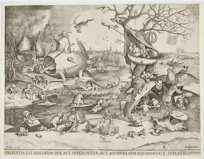 Pieter van der Heyden naar Pieter Bruegel I, Het geduld (Patientia), burijngravure Uitgegeven door Hieronymus Cock, 1557 KBR - PRENTENKABINET, S.II 31216