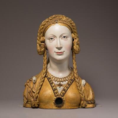 Pasquier Borman, Reliekbuste van een vrouwelijke heilige, circa 1520-1530, gepolychromeerd en verguld eikenhout, 42,4 x 32,4 x 15,9 cm THE METROPOLITAN MUSEUM OF ART, THE CLOISTERS COLLECTION (59.70), NEW YORK