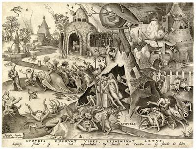 Pieter van der Heyden naar Pieter Bruegel I, De ontucht (Luxuria) (De zeven hoofdzonden), burijngravure, staat: I/I Uitgegeven door Hieronymus Cock, 1558 KBR - PRENTENKABINET, S.II 22656