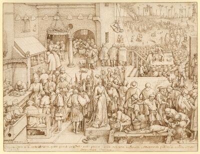 Philips Galle naar Pieter Bruegel I, De rechtvaardigheid (Justicia) (De zeven deugden), burijngravure Uitgegeven door Hieronymus Cock, 1559-1560 KBR - PRENTENKABINET, F-2018-130