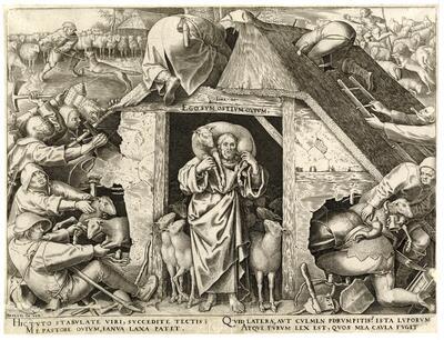 Philips Galle naar Pieter Bruegel I, De parabel van de goede herder, burijngravure Uitgegeven door Philips Galle, 1565 KBR - PRENTENKABINET, S.I 7616