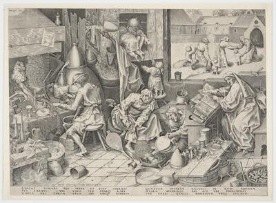 Rechts: Philips Galle naar Pieter I Bruegel, De alchemist, burijngravure met typografie Uitgegeven door Hieronymus Cock, 1558 KBR - PRENTENKABINET, S.I 2368