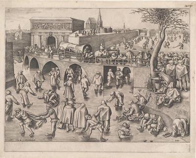 Frans Huys naar Pieter Bruegel I, Schaatsers voor de Sint-Jorispoort in Antwerpen, burijngravure Uitgegeven door Hieronymus Cock, ca. 1558 KBR - PRENTENKABINET, S.II 26930