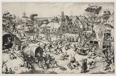 Joannes en Lucas van Doetecum naar Pieter Bruegel I, De Sint-Joriskermis, ets en burijngravure Uitgegeven door Hieronymus Cock, ca. 1558 KBR - PRENTENKABINET, S.II 80368