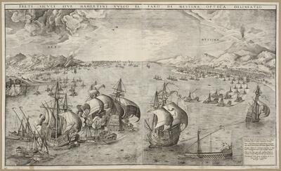 Frans Huys naar Pieter Bruegel I, Zeeslag in de Straat van Messina, burijngravure en ets Uitgegeven door Hieronymus Cock, 1561 KBR - PRENTENKABINET, S.I 1666