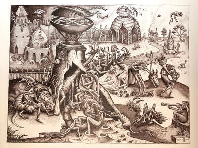 Phlegm geïnspireerd door Pieter Bruegel I, Luxuria, tekening, 2019