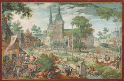 Hans Bol, Dorpskermis, ca. 1580, dekverf en goudverf op perkament gekleefd op paneel KBR - PRENTENKABINET, S.V 31037