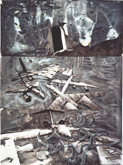 Anselm Kiefer, Das Tor, 1989, acrylverf en emulsie op een foto op hout, 148 x 114 cm - COLLECTIE DEUTSCHE BUNDESBANK