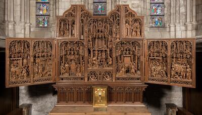 Pasquier Borman, Mariaretabel, circa 1530-1532, eikenhout, 245 x 528 x 50 cm ONZE-LIEVE-VROUWKERK, ONZE-LIEVE-VROUW-LOMBEEK