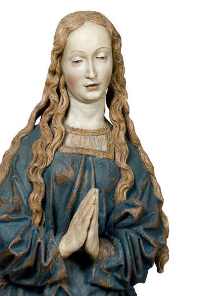Pasquier Borman, Madonna van de Annunciatie, circa 1500–1520, eikenhout met originele polychromie, 135 × 44 × 30 cm SINT-GERTRUDISKERK NIJVEL