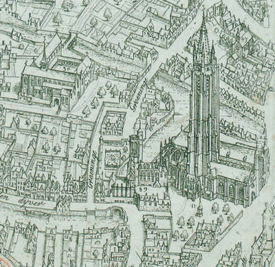 Het Gruuthusepaleis links aan de voet van de toren van de Onze-Lieve-Vrouwekerk, op de kaart van Marcus Gerards, 1562. COLLECTIE OPENBARE BIBLIOTHEEK BRUGGE