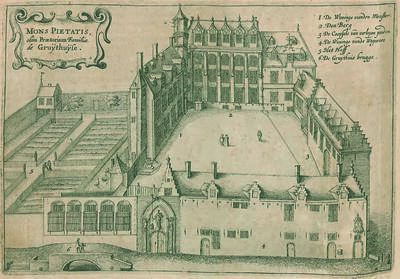 Het Gruuthusepaleis als Mons Pietatis (Berg van Barmhartigheid) in Antonius Sanderus’ Flandria illustrata, 1641. De functies van de verschillende onderdelen van het gebouw staan op de prent opgesomd. COLLECTIE UNIVERSITEITSBIBLIOTHEEK GENT