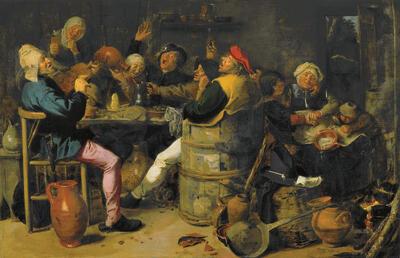 Adriaen Brouwer, Feestvierende boeren, ca. 1624/26, olieverf op paneel, 35 x 53,5 cm KUNSTHAUS ZÜRICH, INV. NR. R 4