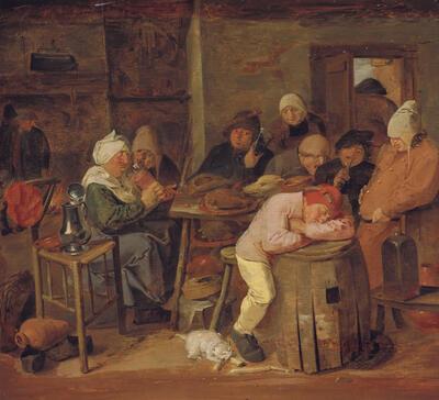 Adriaen Brouwer, Het slachtfeest, ca. 1625/26, olieverf op paneel, 34 x 37,3 cm STAATLICHES MUSEUM, SCHWERIN, INV. NR. G 174