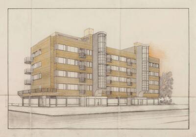 Ontwerp voor Residentie Elsdonck, ca. 1933. Door de constructieve opbouw, het gevelontwerp en de verscheiden en kleurrijke afwerkingsstructuren is het een van de merkwaardigste Belgische appartementsgebouwen uit het interbellum