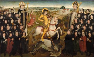 Meester van de Mechelse Sint-Jorisgilde, De leden van de Mechelse gilde van de grote kruisboog, 1497, olieverf op paneel, 174 x 105 cm KONINKLIJK MUSEUM VOOR SCHONE KUNSTEN ANTWERPEN