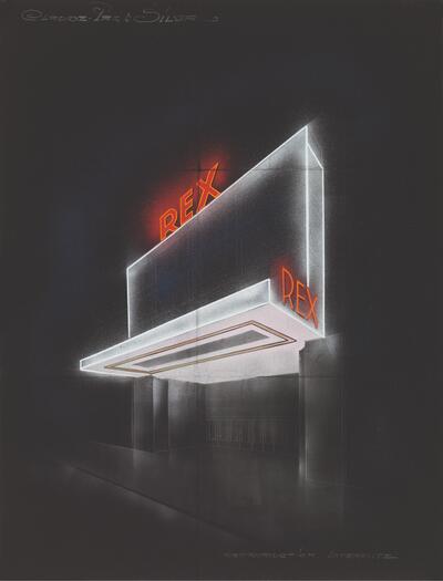 Ontwerp voor de verlichting van de voorgevel van Cinema Rex aan de Antwerpse de Keyserlei, ca.1935.