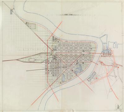 Ontwerp voor de wedstrijd voor de aanleg van de linker Scheldeoever in Antwerpen, 1933. De verdeling van de stad in zones met verschillende en gescheiden bestemmingen, wordt consequent doorgevoerd. Het wegensysteem stemt hij af op de huisvesting en splitst hij op in plaatselijk, doorgaand en snelverkeer. De scheiding tussen de auto’s en de voetgangers wordt stelselmatig doorgevoerd. Villa’s en arbeiderswoningen, collectieve huisvesting, stedelijke voorzieningen en talrijke groenruimtes moeten aan de nieuwe