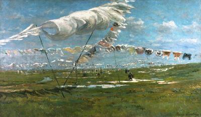 Franz Courtens, Het drogende linnen in de weide te Urk, ca. 1892, olieverf op doek, 110 x 190 cm PRIVÉVERZAMELING