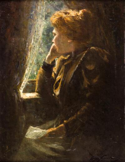 Frans Courtens, De brief (de afwezige), portret van mevrouw Courtens, 1898, olieverf op hout, 80 x 59,3 cm PRIVÉVERZAMELING