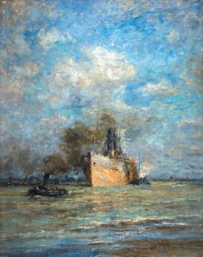 Franz Courtens, De steamer ‘Brussels’ geborgen in Zeebrugge, 1919, olieverf op doek, 139 x 110 cm PRIVÉVERZAMELING FOTO: MARC EN ERIC COURTENS